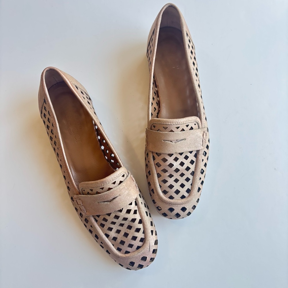 Sesto Meucci Metallic Rose Gold Perforated Loafers